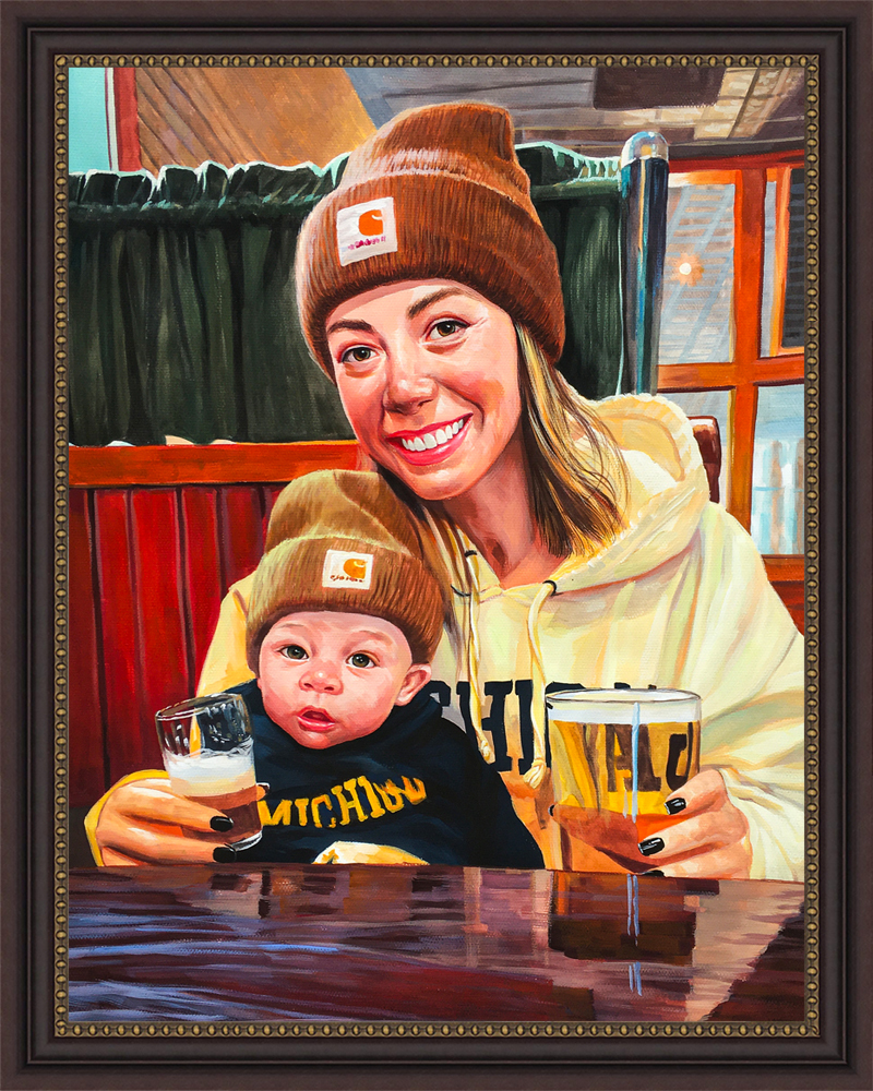 Pastel portrait of a mother and baby in matching beanies holding drinks
